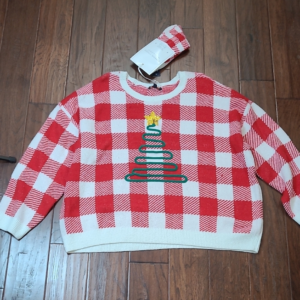 NWT Adrienne Vittadini Red & White Buffalo Check Christmas Sweater+Socks Set 3X